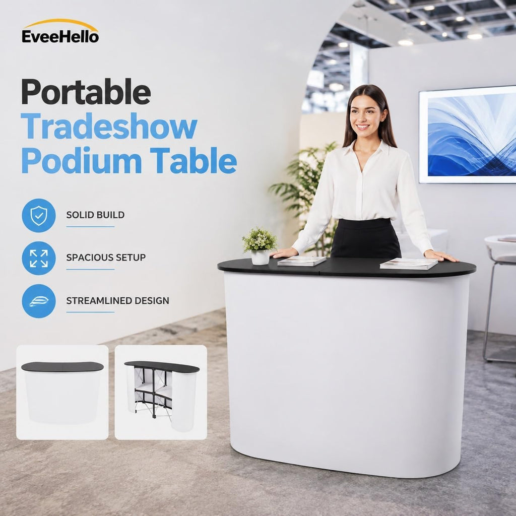 Portable Tradeshow Podium Table, 51.97" X 15.75" X 35.43" Display Exhibition Counter Stand Booth Fair, Foldable Pop up Display Counter for Product Demos, Promotions, Speeches, Publicity Meetings