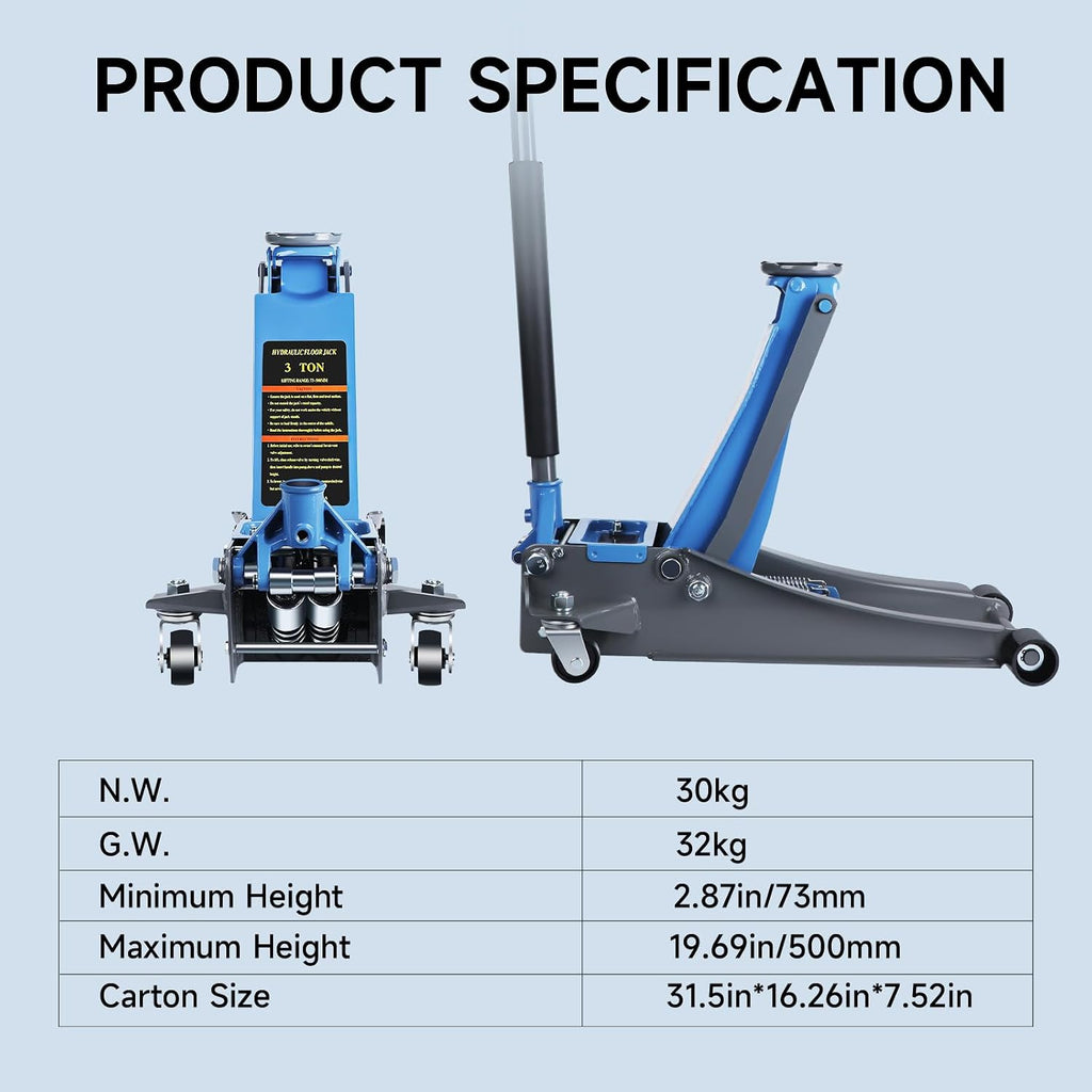 Larbanke 3 Ton Hydraulic 2.87"-19.69" Floor Jack,Dual Piston