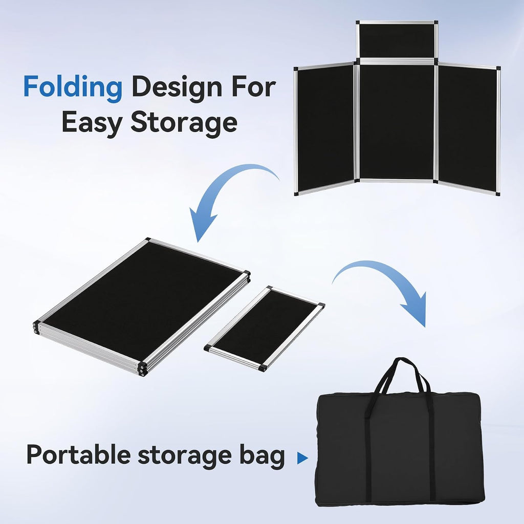 LITTLE TREE 3+1 Panel Trade Show Presentation Board, 70.8" x 35.4" Portable Panel Display, Folding Exhibition Boards Double Sided Tabletop Display Black Hook & Loop-Receptive Fabric with Bag