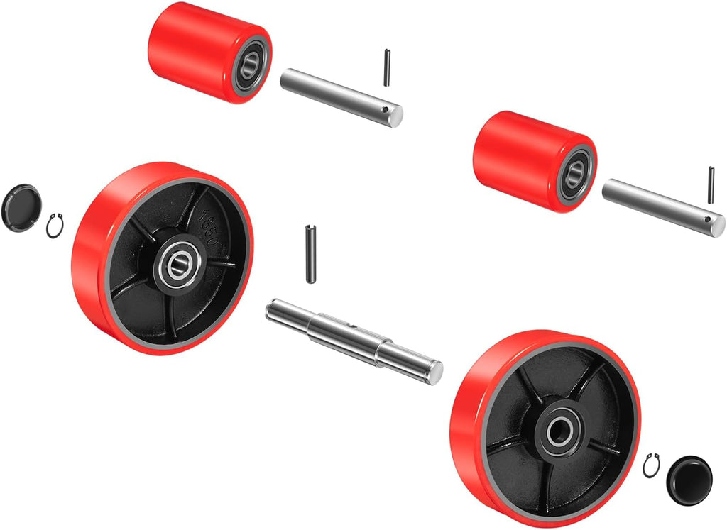 Pallet Jack/Truck Full Wheel Replacement Kit, Pair Steering Wheels (7"x 2"), Pair Front Load Roller(3" x 3.75"), with Pre-Installed Bearings, Axles, 20mm ID Poly Tread, Entry Rollers, Install Tool Kit