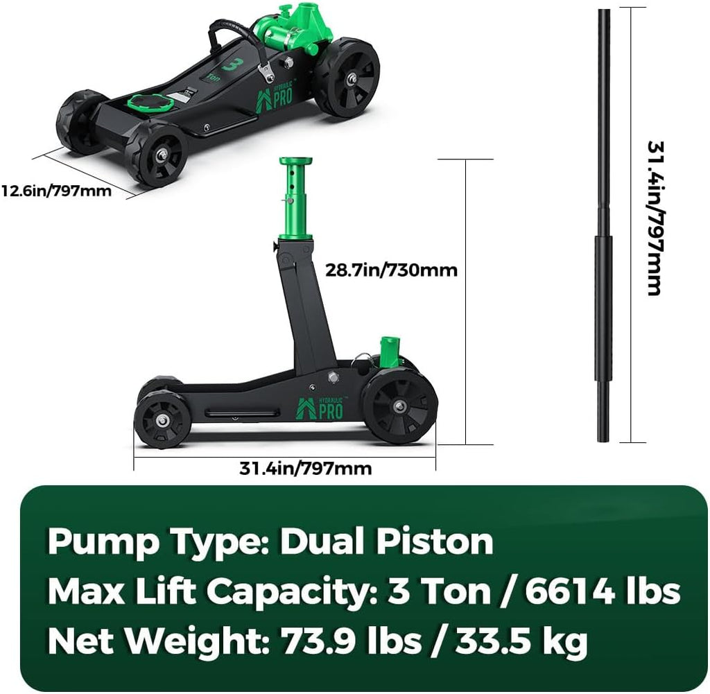 Off-Road Jack 3 Ton, Aluminum Floor Jack with 3 Replaceable Wheel Sizes