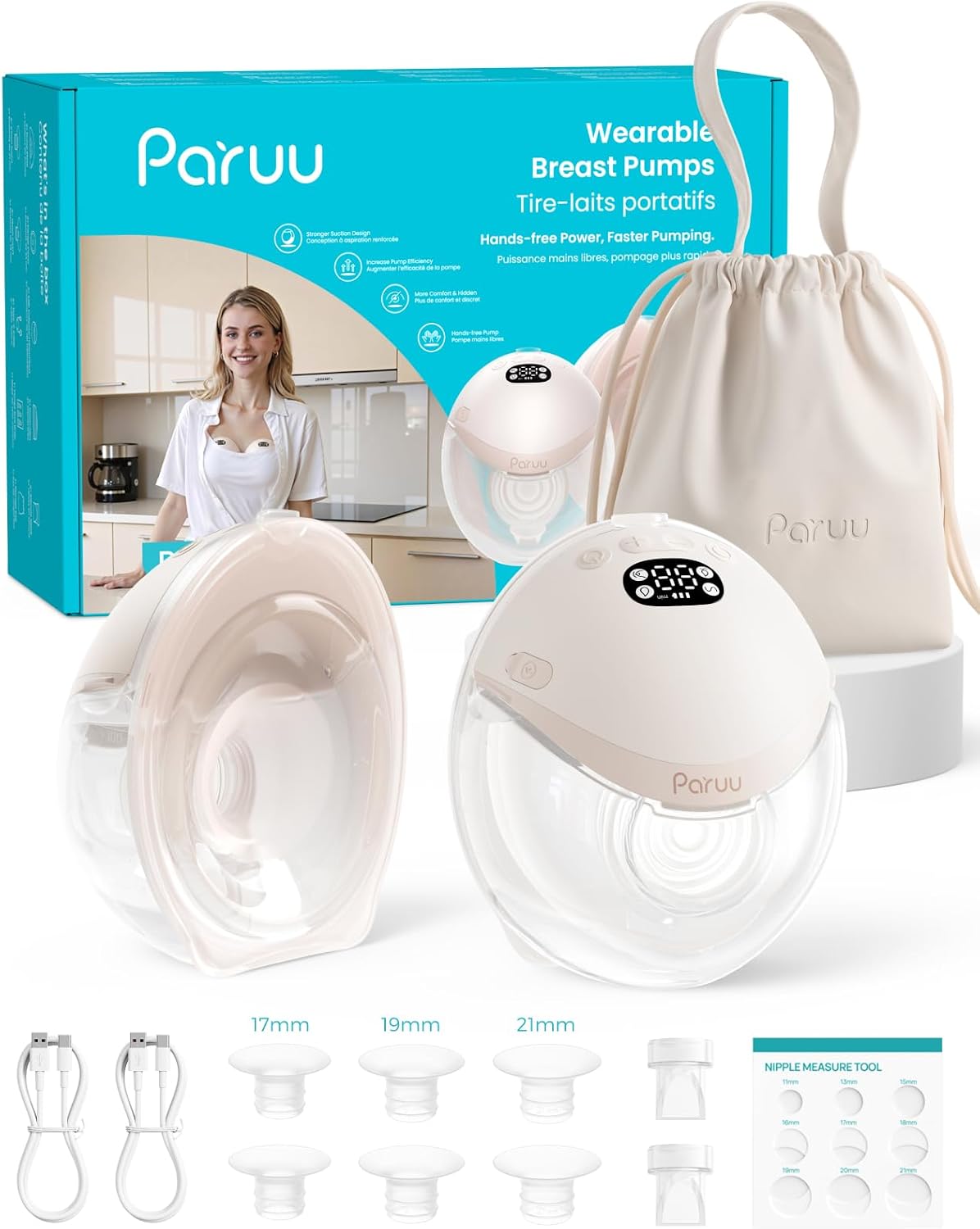 Paruu P21 Wearable Breast Pump with Baby-Mouth Flange Design, Hands-Free Electric Breast Pump, 315mmHg Strong Suction, 4 Modes 12 Levels, 17/19/21mm Flange Inserts, Stand-up Milk Bowl, Storage Bag