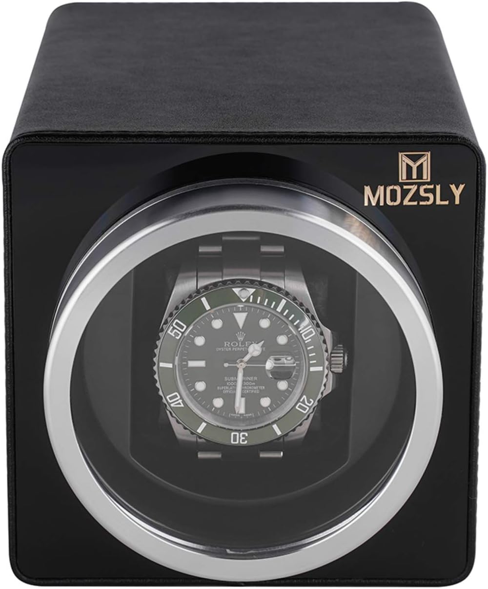 MOZSLY Watch Winder for Automatic Watches Single Rotating Watch Box with Quiet Motor 12 Rotation Mode Setting Battery Powered or AC Adapter PU Leather