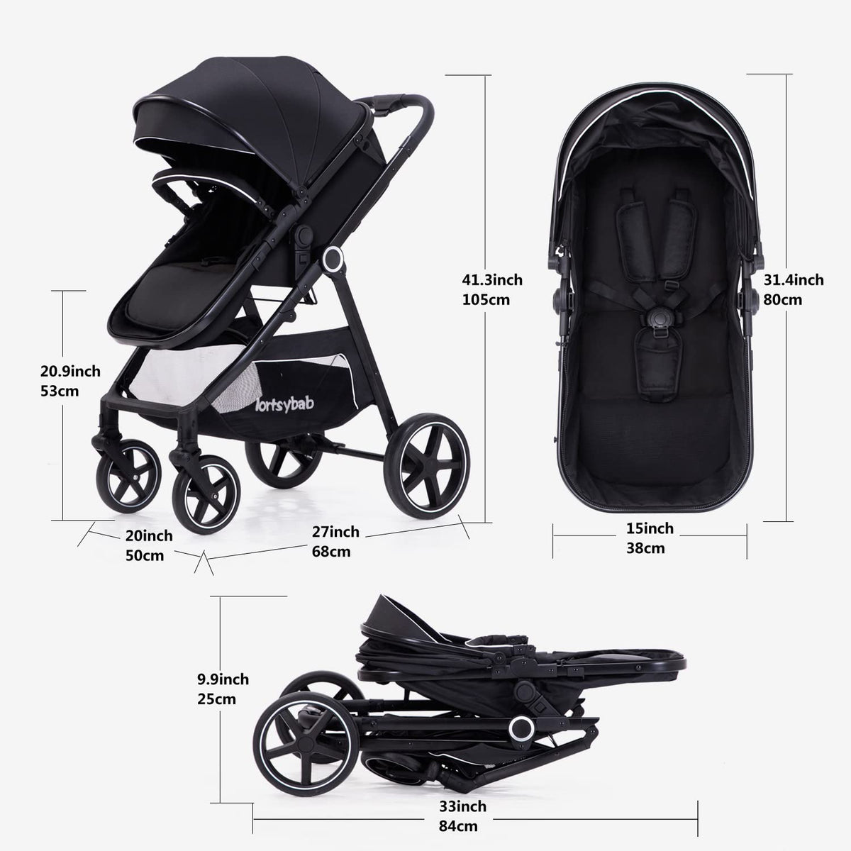 Lortsybab 2-in-1 Baby Stroller - Folding Infant Newborn Pram Stroller with Reversible Seat - Toddler Strollers for 0-36 Months Old Babies