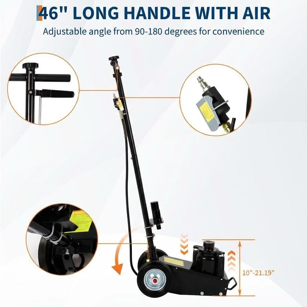 GarveeTech 22 Ton Air Hydraulic Floor Jack for Heavy Duty Trucks & Tractors â Low Profile (9"-17.7"), 4 Adapters, 46" Adjustable Handle â 44,000 Lbs Capacity