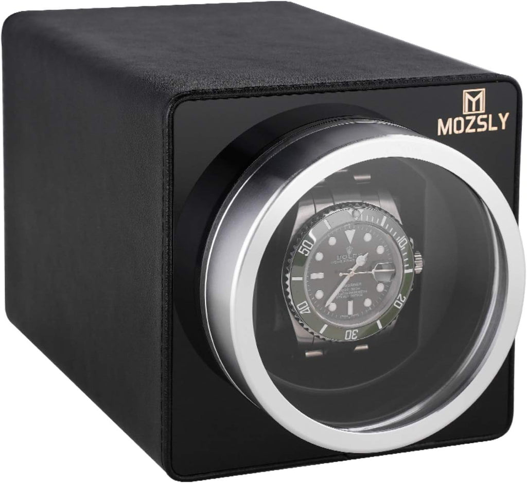 MOZSLY Watch Winder for Automatic Watches Single Rotating Watch Box with Quiet Motor 12 Rotation Mode Setting Battery Powered or AC Adapter PU Leather