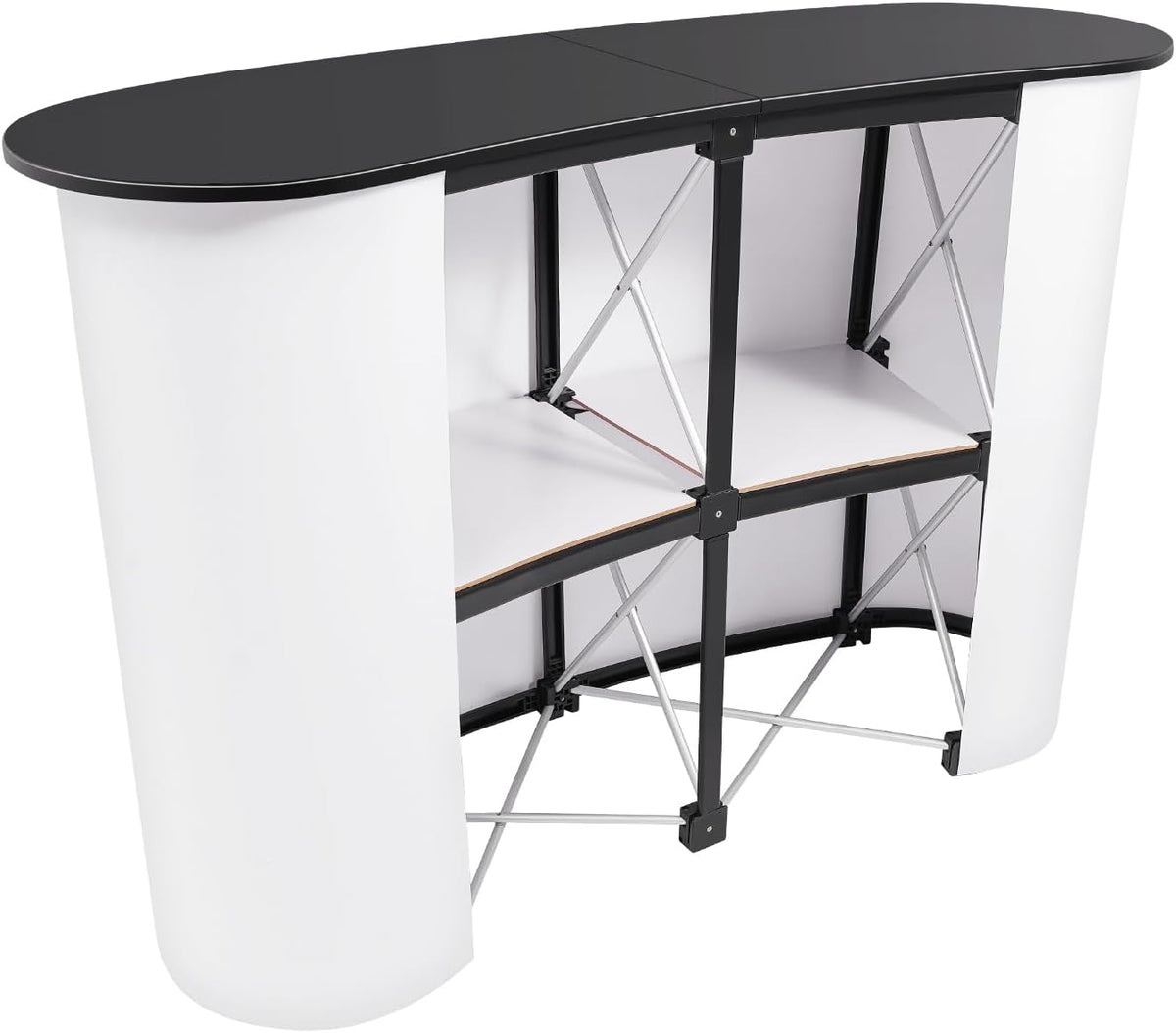 Podium Table, Foldable Trade Show Reception Desk with 2 Storage Racks, 154 Lbs Capacity Heavy Duty Net Promotion Desk, Portable Display Counter for Hotel, Shopping Mall, Hall, Library