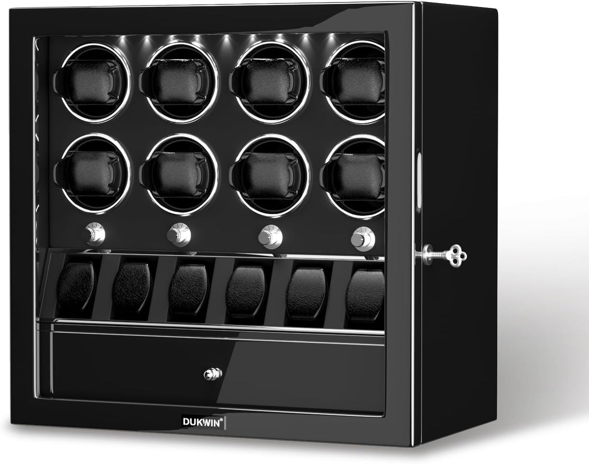DUKWIN Watch Winder for Automatic Watches, Lockable Watch Winders with Watch and Jewelry Storages, Super Quiet Mabuchi Motor with High-Gloss Piano Lacquer Finish,Built-in Illumination