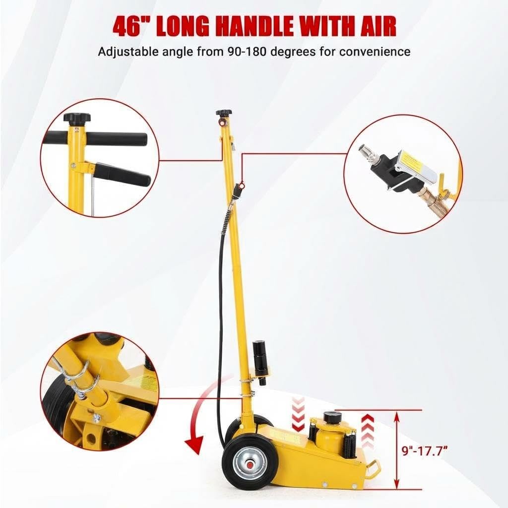 GarveeTech 22 Ton Air Hydraulic Floor Jack for Heavy Duty Trucks & Tractors â Low Profile (9"-17.7"), 4 Adapters, 46" Adjustable Handle â 44,000 Lbs Capacity