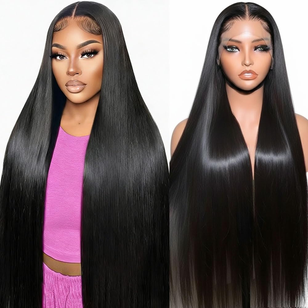 Lace Front Wigs Human Hair 32 Inch 12A Virgin Straight Human Hair Wig 200 Density Soft 13x6 Lace Front Wigs Human Hair Pre Plucked Invisilbe Hairline Glueless HD Frontal Wig Natural Black
