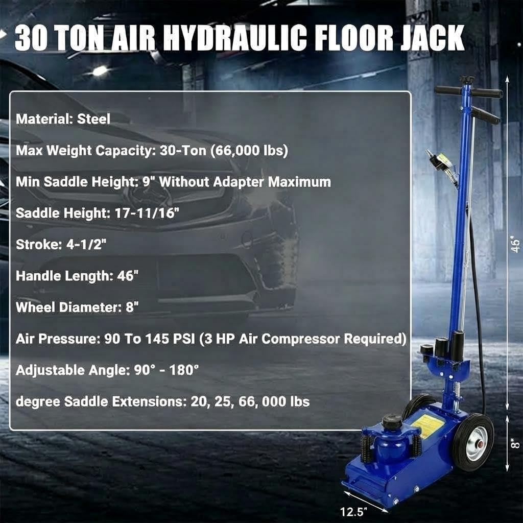 GarveeTech 22 Ton Air Hydraulic Floor Jack for Heavy Duty Trucks & Tractors â Low Profile (9"-17.7"), 4 Adapters, 46" Adjustable Handle â 44,000 Lbs Capacity