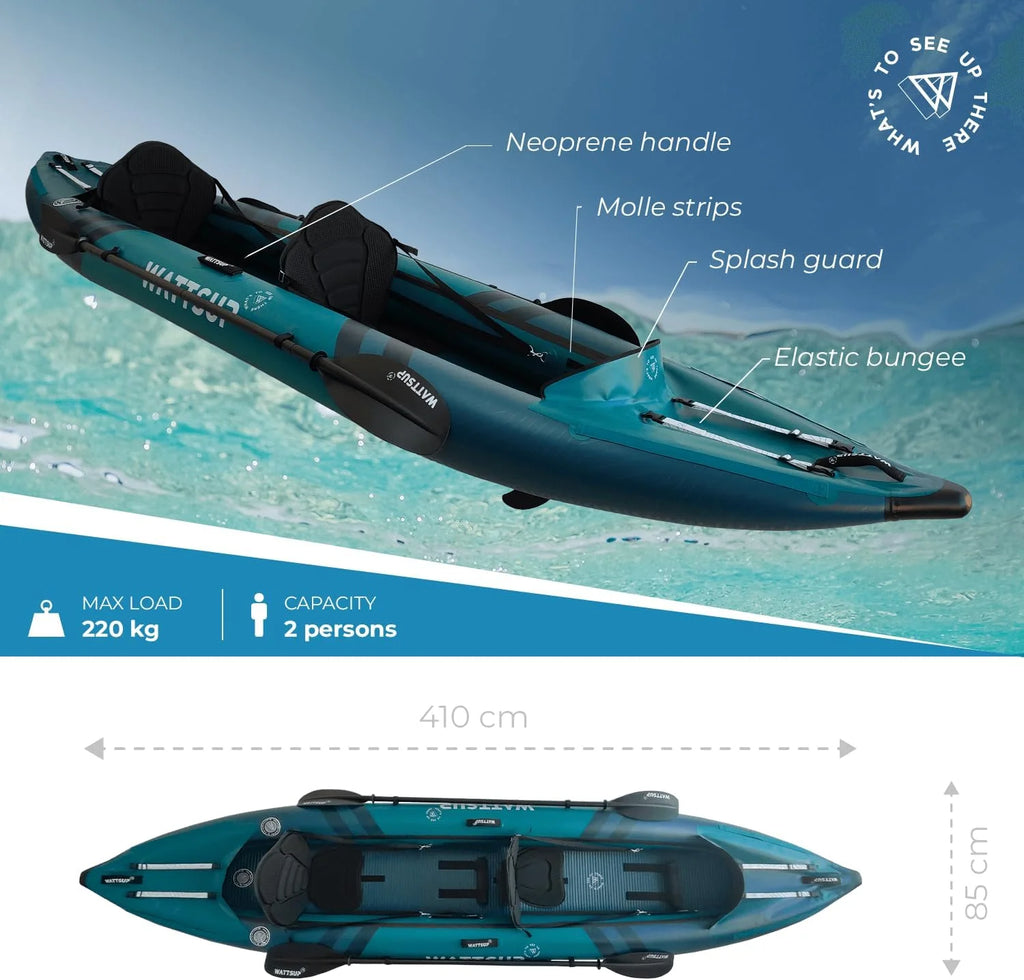Kajak dmuchany Wattsup COD 2-osobowy – 410x85 cm (13'4 x 33) – laminowany PVC + Dropstitch – Pełny zestaw – Maks. 220 kg