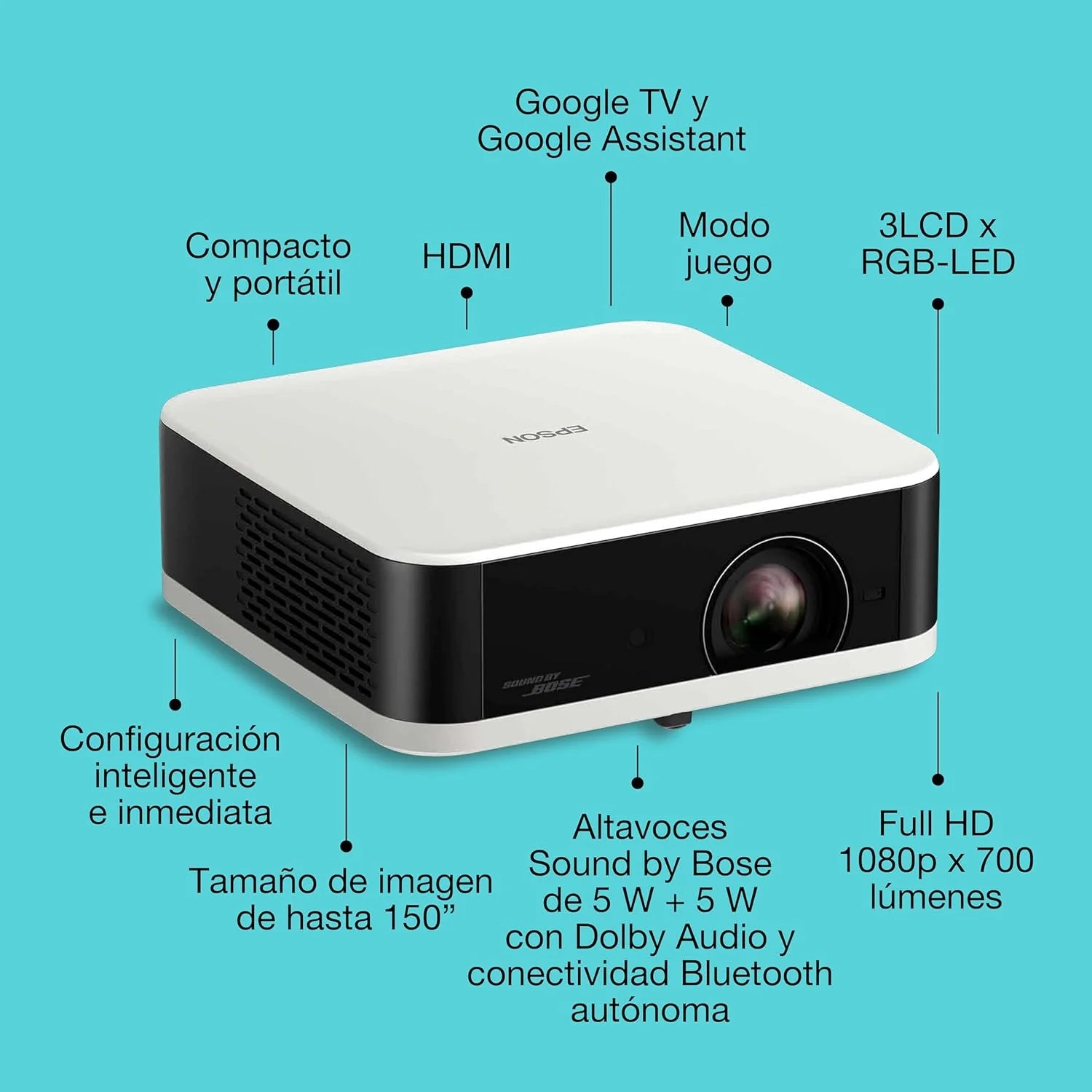 Epson Lifestudio Pop EF-61W Biały diament Przenośny inteligentny projektor, Sound by Bose, Google TV, Full HD, do użytku wewnątrz i na zewnątrz, 5 lat