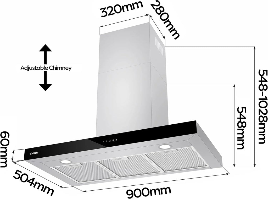 CIARRA CBCS9102 okap kuchenny 90 cm 650 m³/h - wydajność klasy A++ - 4 prędkości - funkcja Boost - cichy okap kuchenny - sterowanie dotykowe - ściemnialna dioda LED - okap ścienny ze stali nierdzewnej