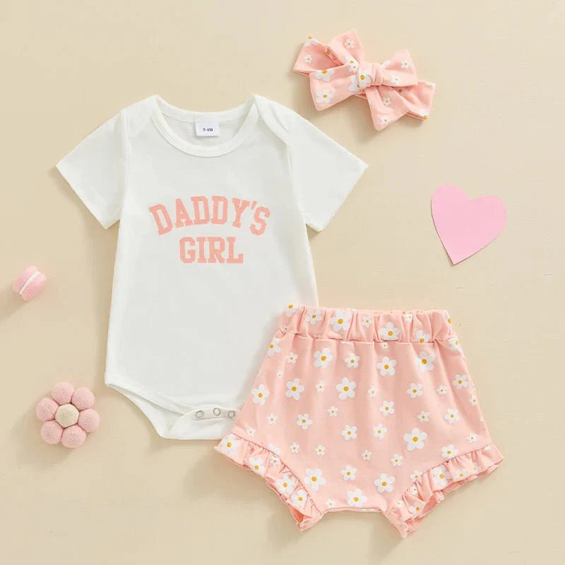 Baby Girls Outfit Short Sleeve Romper - Floral Shorts - Hairband Set Casual Clothes