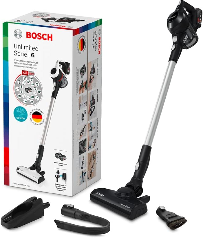 Bosch Akumulatorowy odkurzacz Unlimited seria 6 BKS6111P, bezprzewodowy odkurzacz ręczny, bezworkowy, lekki, higieniczny filtr, wysoka moc ssania, długi czas pracy, ssawka szczelinowa, wszystkie