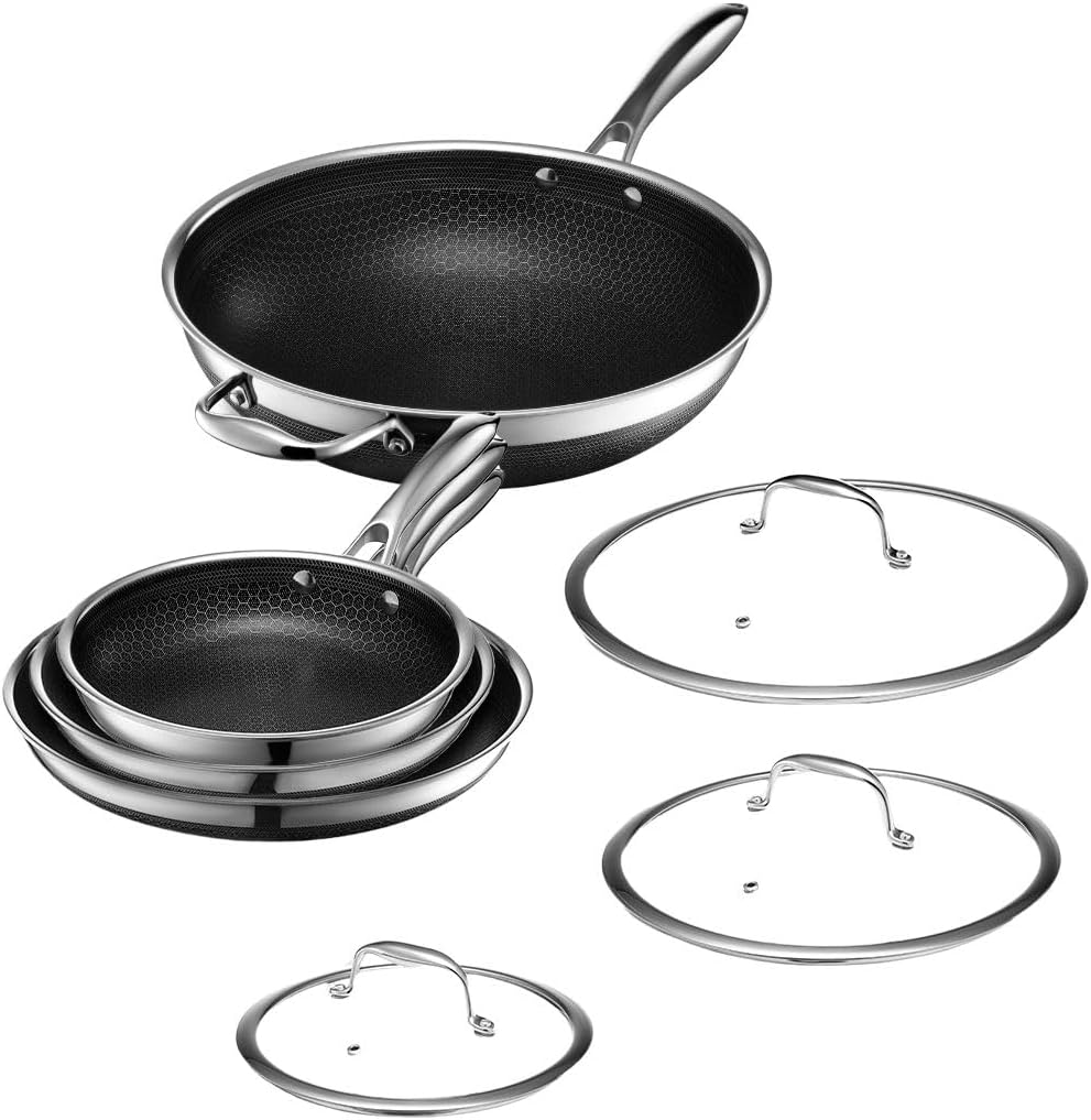 HexClad 7-teiliges Hybrid-Edelstahl-Kochgeschirr-Set mit Deckel und Wok - Metallbesteck und spülmaschinenfest, induktionsgeeignet, PFOA-frei, leicht zu reinigen, antihaftbeschichtete Bratpfanne mit Abdeckungen