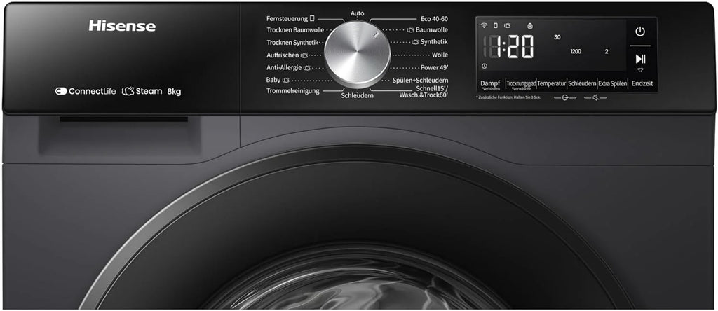Hinsense WD3S8043BB3 pralko-suszarka ConnectLife /16 programów/8 kg, 54 litry/1400 obr./min/funkcja pary/JetWash/program antyalergiczny/program automatyczny/Eco Wash/Odświeżanie pary/wełna/EEK A-D