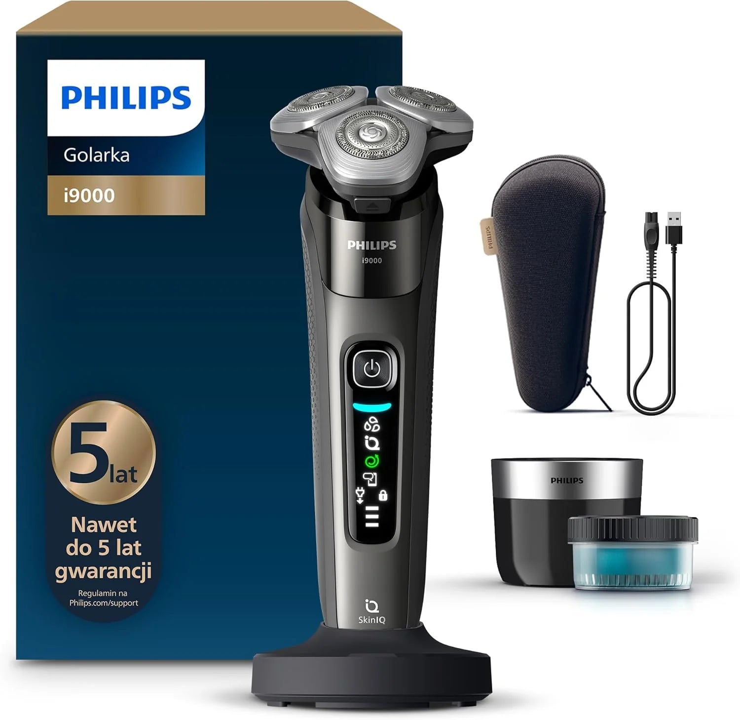 Philips Shaver i9000, golarka elektryczna do golenia na mokro i na sucho, z technologią Skin IQ, systemem Triple Lift & Cut, 360-obrotowymi podwójnymi precyzyjnymi ostrzami SteelPrecision, X9002/30