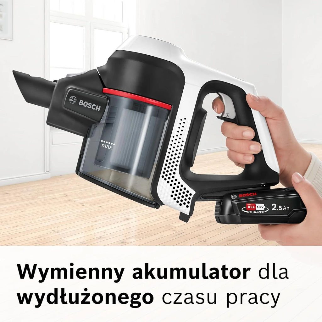 Bosch Akumulatorowy odkurzacz Unlimited seria 6 BKS6111P, bezprzewodowy odkurzacz ręczny, bezworkowy, lekki, higieniczny filtr, wysoka moc ssania, długi czas pracy, ssawka szczelinowa, wszystkie