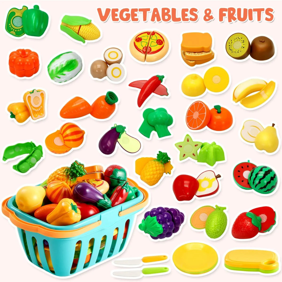 71Pcs Pretend Cutting Food Toy Set Fruits, Veggies, Basket Utensils