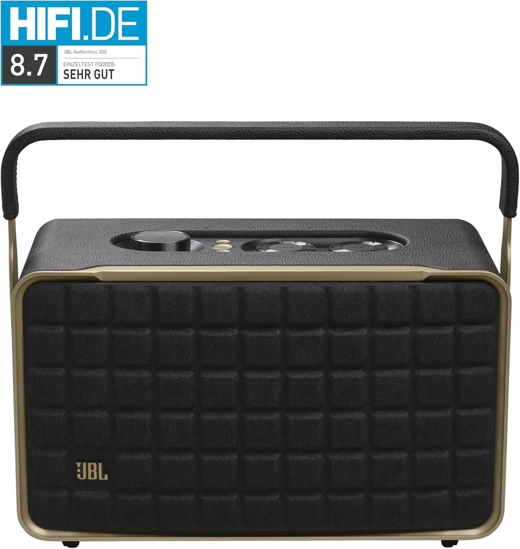 JBL Authentics 300, Głośnik Bezprzewodowy, 8h Odtwarzania, z Wbudowanym Wi-Fi, Bluetooth, Dźwiękiem Stereo i Mocnym Basem, Kompatybilny z Alexa i Google Home, w Stylu Retro