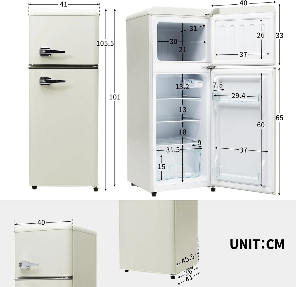 Lodówka w stylu retro, lodówko-zamrażarka, wysokość 105,5 cm, szerokość 41 cm, dwudrzwiowa, całkowita pojemność 92 litrów, 116 kWh/rok, -27°C ~ 13 °C, światło LED (czarny)