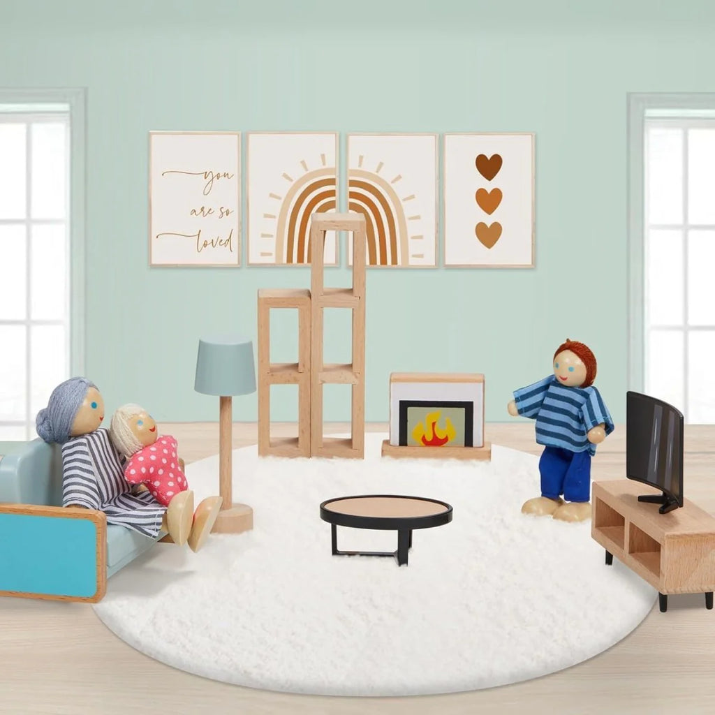 Wooden Dollhouse Furniture Set, 36pcs with 4 Dolls & Working Parts