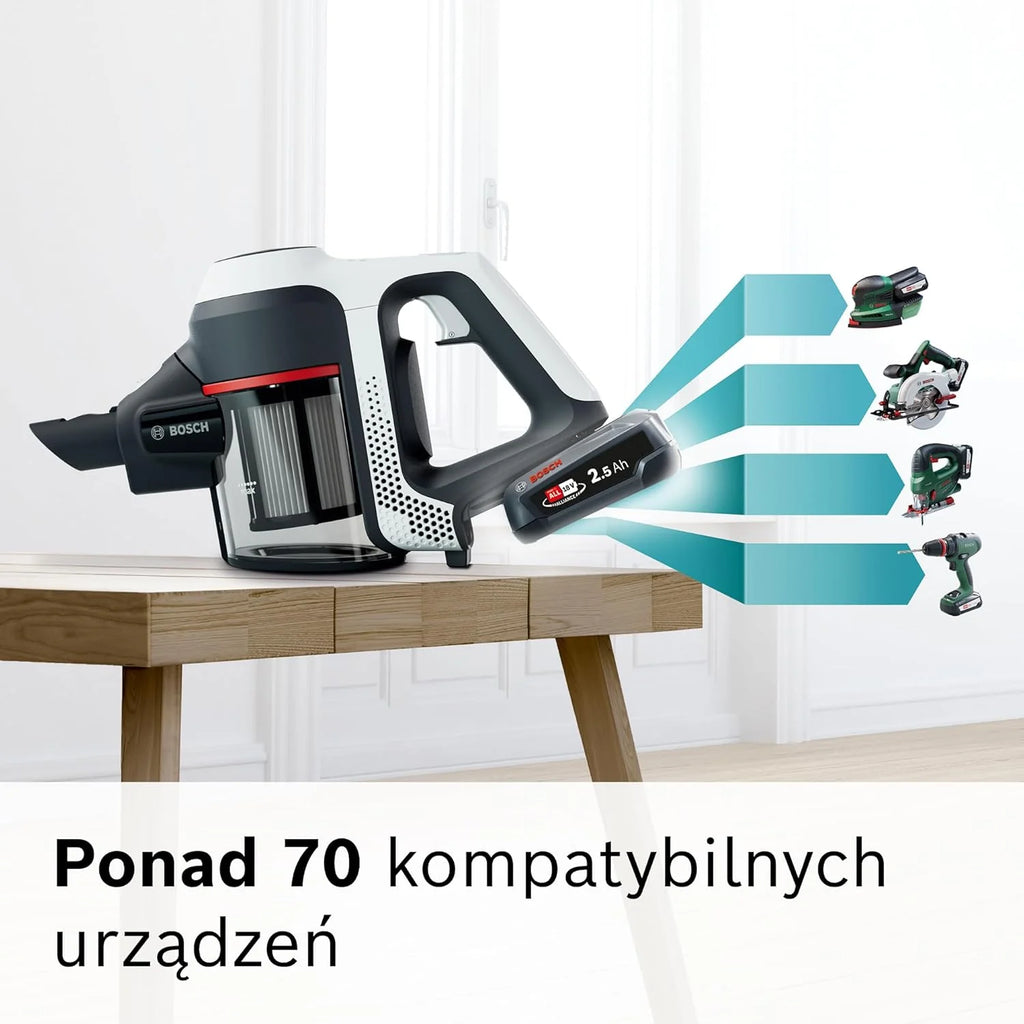 Bosch Akumulatorowy odkurzacz Unlimited seria 6 BKS6111P, bezprzewodowy odkurzacz ręczny, bezworkowy, lekki, higieniczny filtr, wysoka moc ssania, długi czas pracy, ssawka szczelinowa, wszystkie