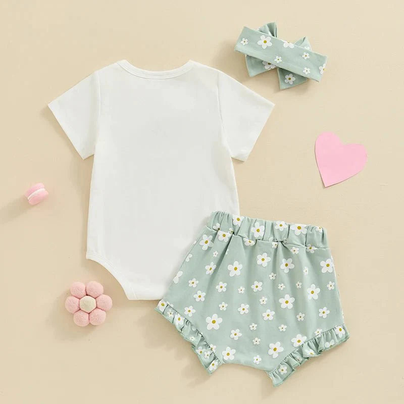 Baby Girls Outfit Short Sleeve Romper - Floral Shorts - Hairband Set Casual Clothes