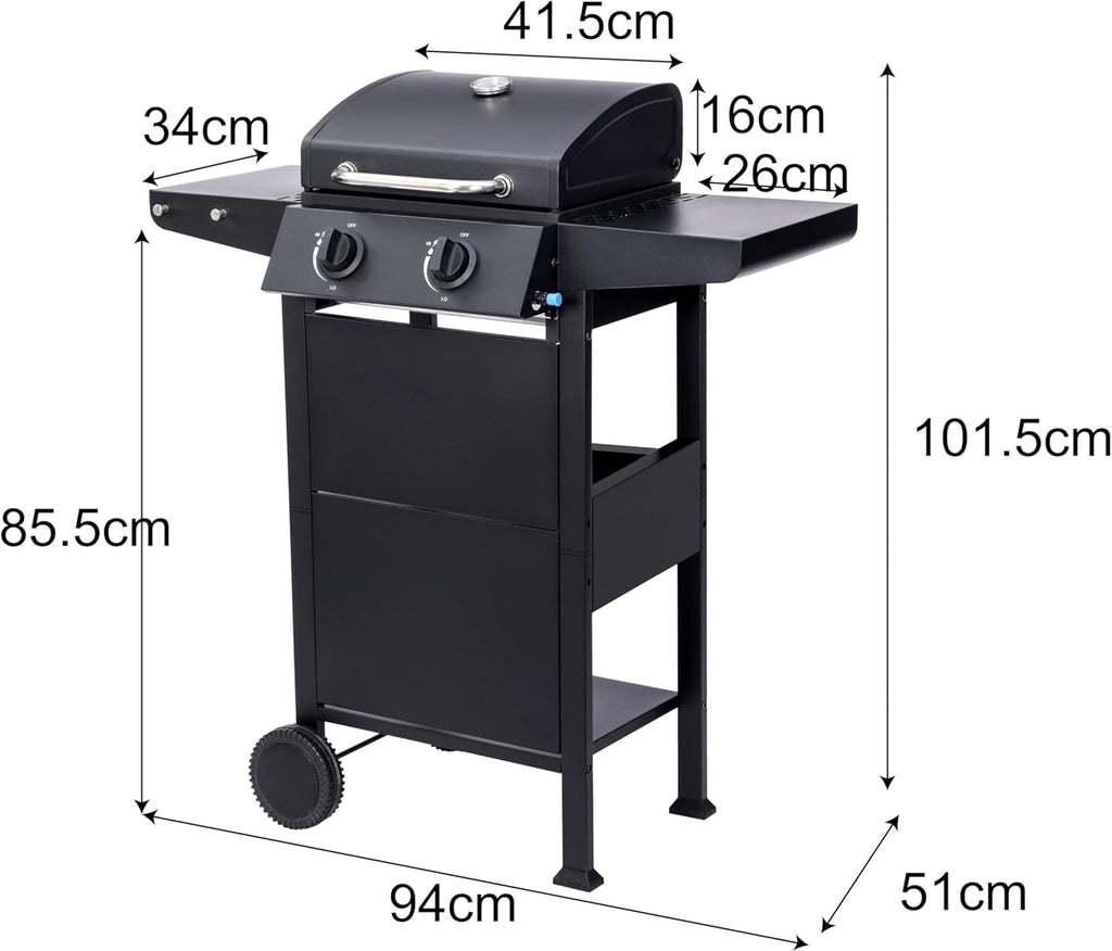 Grill gazowy San Jose 2 palniki firmy El Fuego®, w zestawie wąż gazowy i reduktor ciśnienia, ruszt do grillowania z żeliwa, z termometrem i dużymi półkami bocznymi, grill BBQ | AY0204