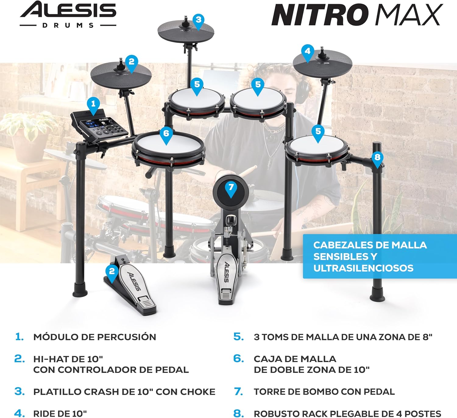 Elektroniczny zestaw perkusyjny Alesis Nitro Max z cichymi naciągami siateczkowymi, 10-calowym werblem dwustrefowym, Bluetooth, ponad 440 autentycznych brzmień, lekcje gry na perkusji, USB MIDI, pedał bębna basowego