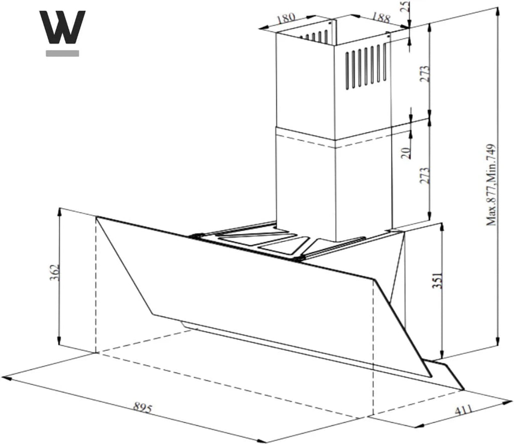 Wiggo A942G okap kuchenny 90 cm bez głowy I wylot powietrza obiegowego 626 m³/h – wyświetlacz dotykowy 4 stopnie I klasa efektywności energetycznej A skośny okap wraz z 2 filtrami węglowymi I okap