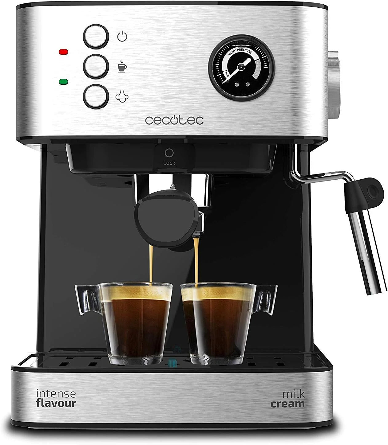 Cecotec Ekspres do kawy z podwójnym wyjściem Power Espresso 20 Barista Cream. 1550 W, 20 prętów, zbiornik na ziarna kawy 250g, młynek z 30 poziomami mielenia, termoblok, zbiornik na wodę 2.5 L