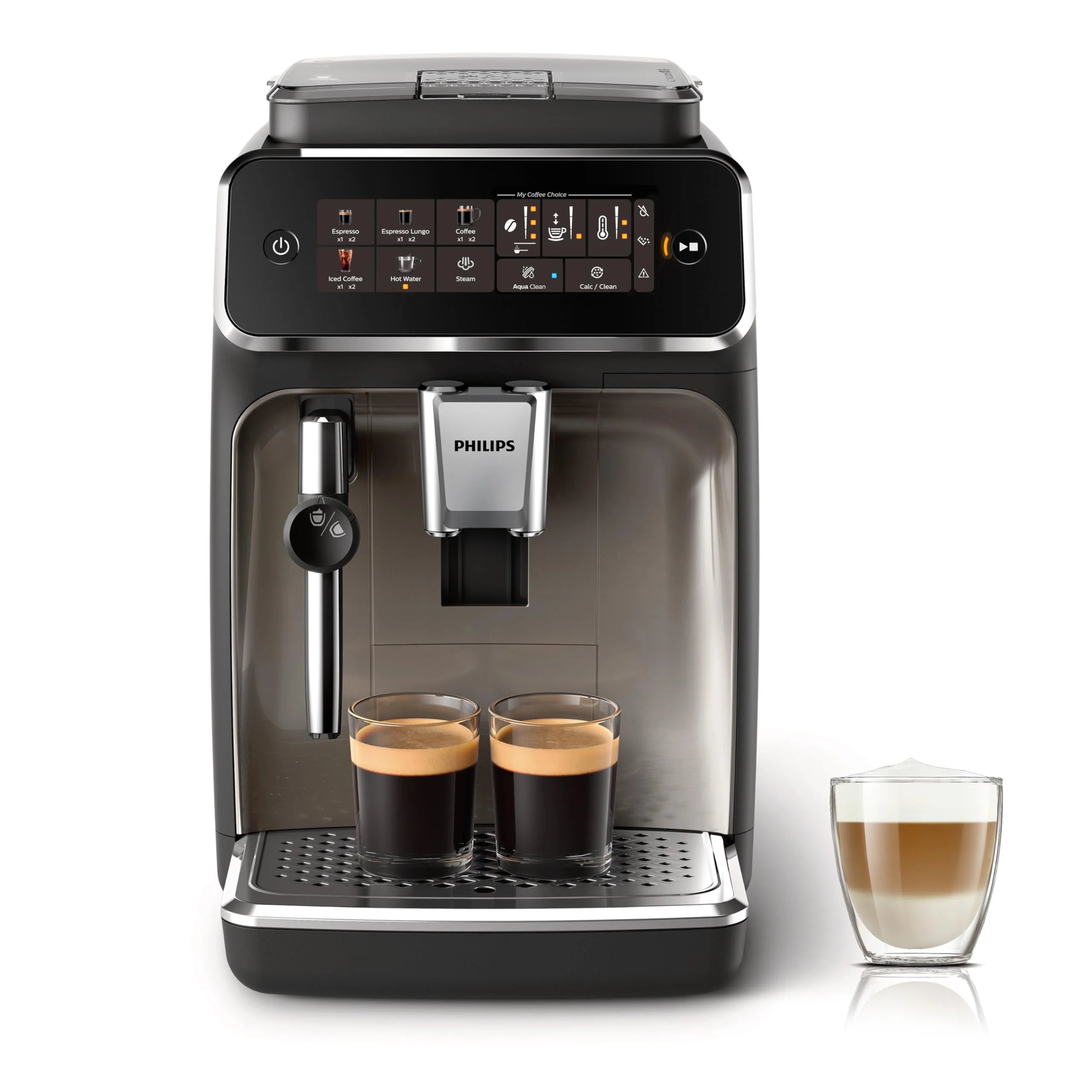 Philips Ekspres do kawy z serii 3300 w pełni zautomatyzowany - 6 napojów, Nowoczesny, Kolorowy ekran dotykowy, LatteGo, SilentBrew, Młynek w 100% ceramiczny, Filtr AquaClean, Czarny chrom (EP3347/90)