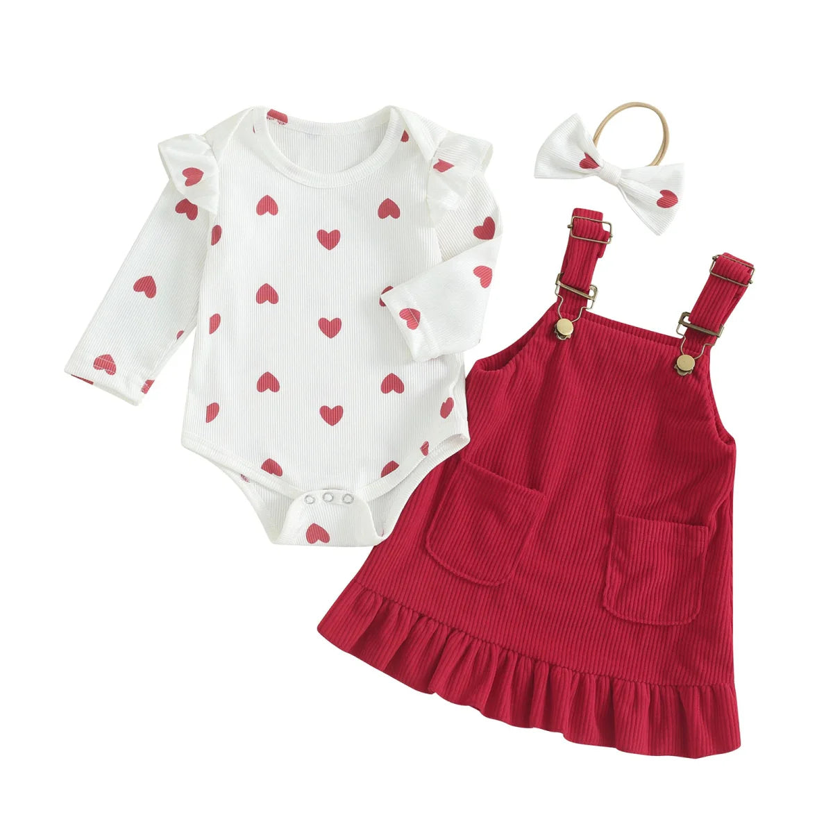 Baby Girls Outfits Heart Print Romper | Suspender Skirt | Headband Set