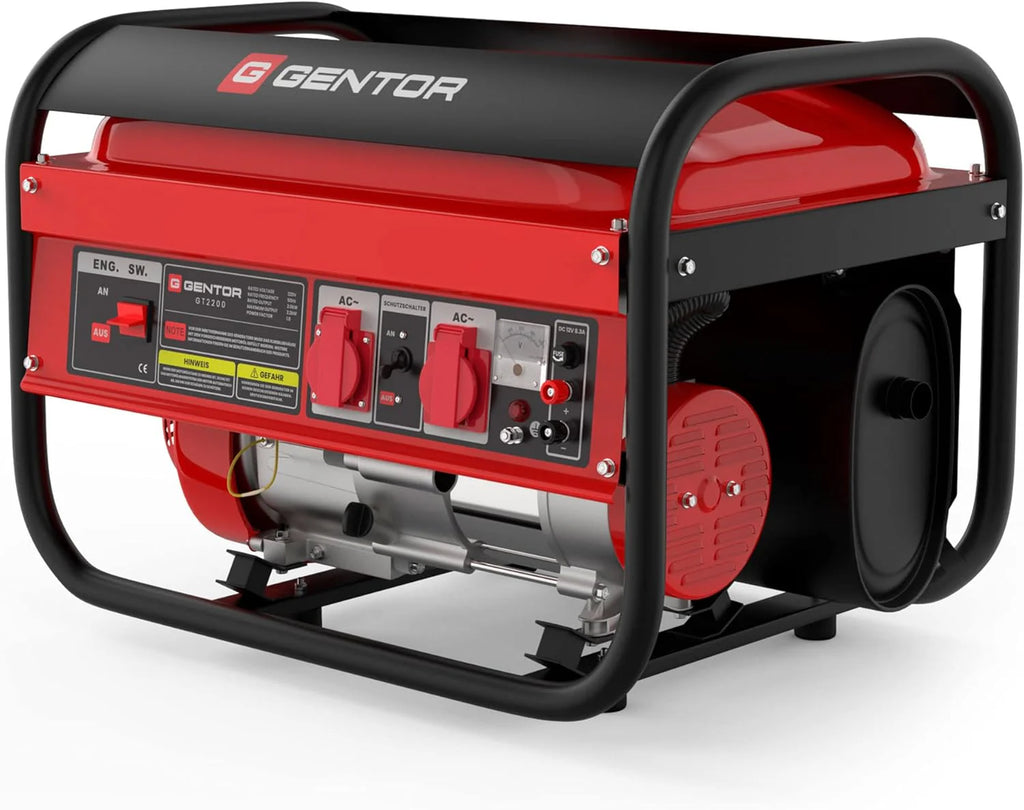 GENTOR generator prądu awaryjnego benzyna cichy 2200 Watt 6.5HP, generatory prądu 4-suwowy silnik benzynowy, 2x 230V, 1x 12V, pull-start, dla kempingu, na zewnątrz, warsztat, dom