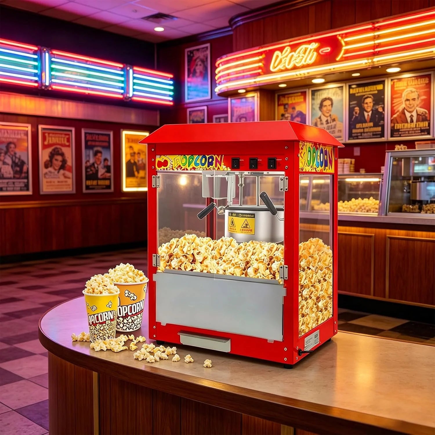 Komercyjna maszyna do popcornu z czajnikiem 10 uncji i podgrzewaną lampką, nablatowa maszyna do popcornu o mocy 1400 W do domu, teatru i firmy, w stylu filmowym z 3-przełącznikami Flat-top