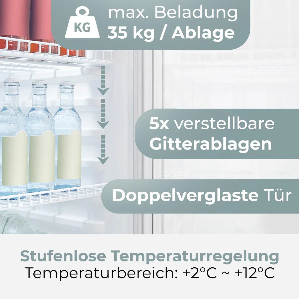 Lodówka Bomann® z drzwiami szklanymi, Klasa energetyczna C, 143 cm, Lodówka na napoje 2-12°C, MultiAirflow, 5 półek drucianych, Odwracalny zawias drzwi, 236 l, Chłodziarka na butelki, KSG 7292, biała