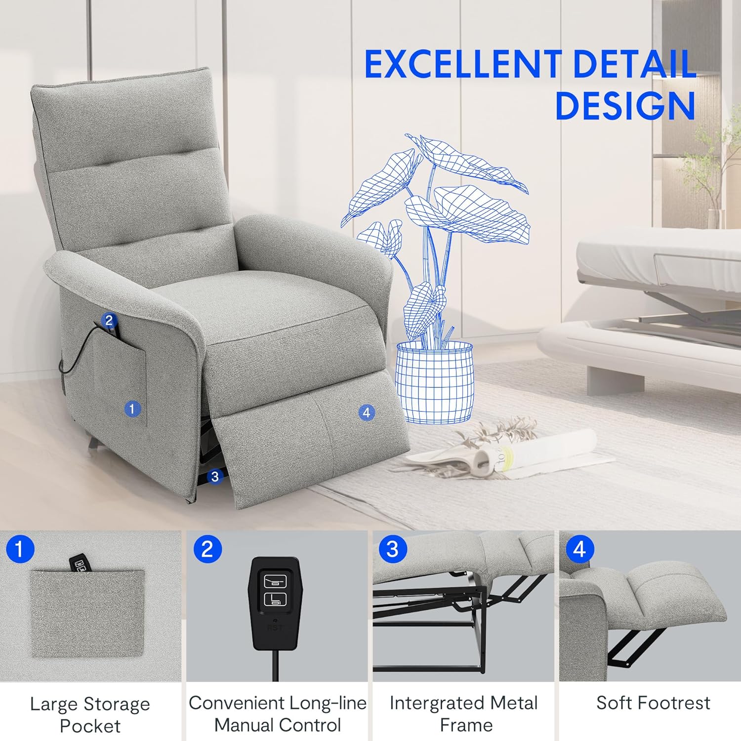 Fotel rozkładany elektrycznie FLEXISPOT z regulowanym oparciem, odchylany w zakresie od 105° do 155°, ergonomiczny fotel wypoczynkowy do sypialni, salonu i kina domowego (ciemnoszary)