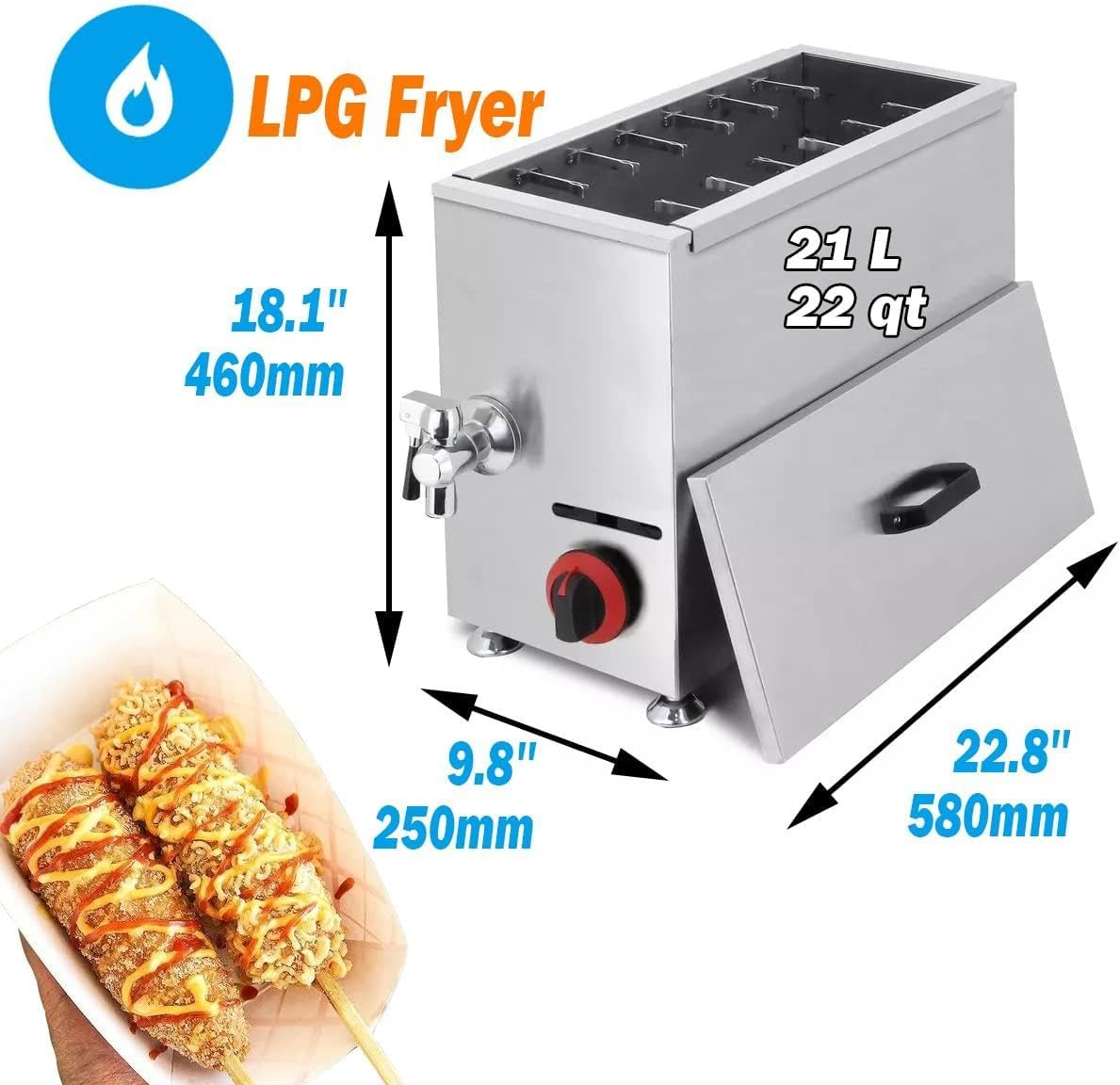 Komercyjna frytkownica do kukurydzy, gazowa frytkownica gazowa LPG do kuchni, restauracji, baru przekąskowego, jadalni, domu - pojemność 21 l do hot dogów serowych