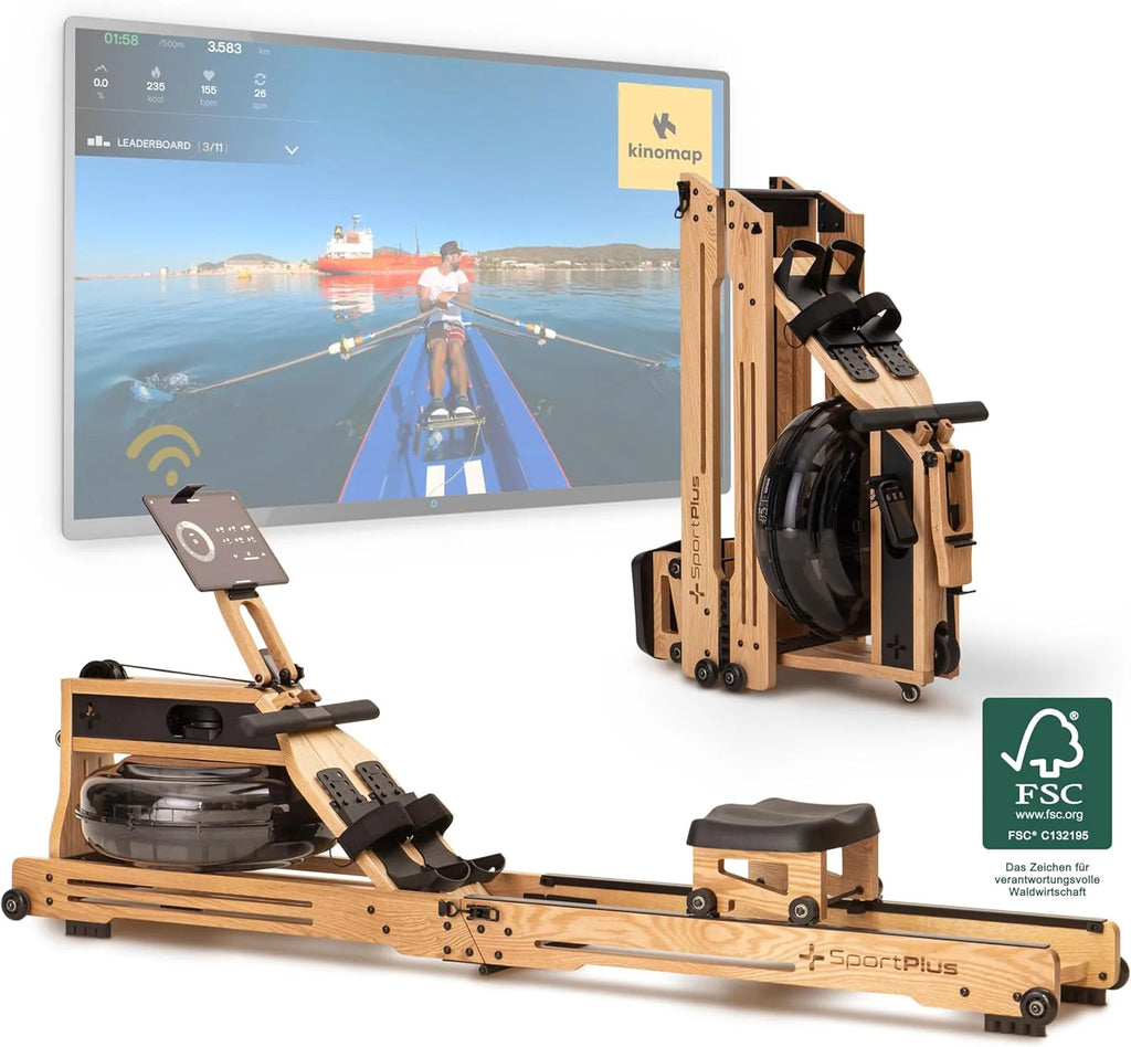 SportPlus wioślarz wodny do użytku domowego wykonany z naturalnego litego drewna (dąb), drewniany wioślarz z komputerem treningowym, wioślarz z uchwytem na tablet do treningu wytrzymałościowego