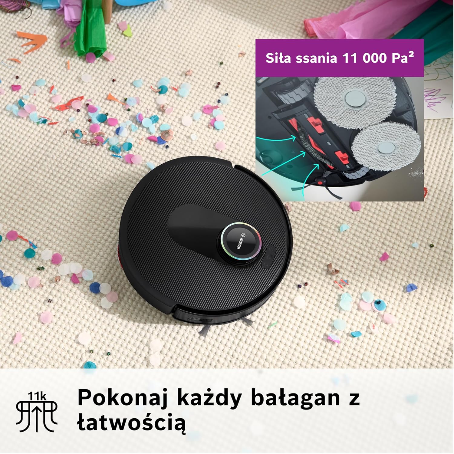 Bosch Spotless Max Robot sprzątający z funkcją mopowania, moc ssania 11 000 Pa, wysuwana nakładka mopującą, stacja czyszczącą, nawigacją Smart Vision, aplikacja Bosch Home Connect, BCRDW3B, czarny