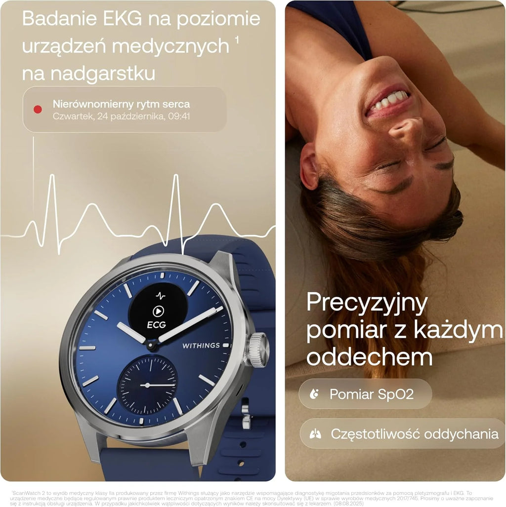 Withings ScanWatch 2 Zdrowie Smart Watch dla kobiet i mężczyzn, EKG, SpO2, temperatura, monitorowanie snu, zdrowie oddychania, wodoodporny, 30-dniowa bateria, Android i iOS