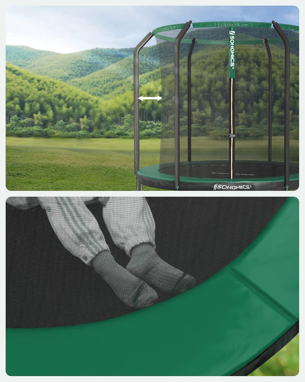 SONGMICS Trampolina Ø 244/305/366/427 cm, certyfikat TÜV Rheinland GS, okrągła trampolina ogrodowa z siatką zabezpieczającą i drabinką, wyściełany stelaż, dla dzieci i dorosłych