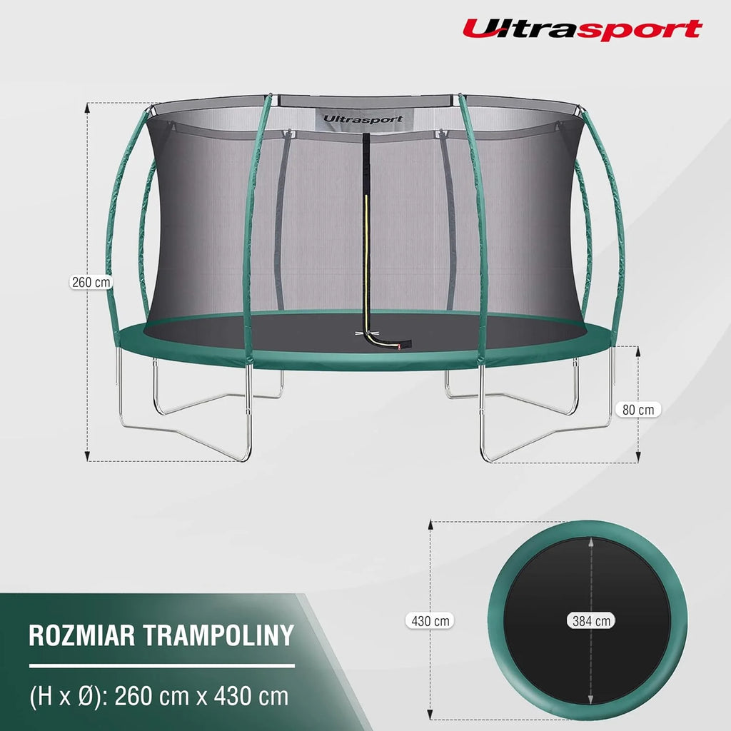 Ultrasport Deluxe trampolina, Ø 244/305/366/430 cm, certyfikat TÜV Rheinland + GS, kompletny zestaw, okrągła trampolina ogrodowa, w tym wyściełane słupki, siatka zabezpieczająca i osłona krawędzi
