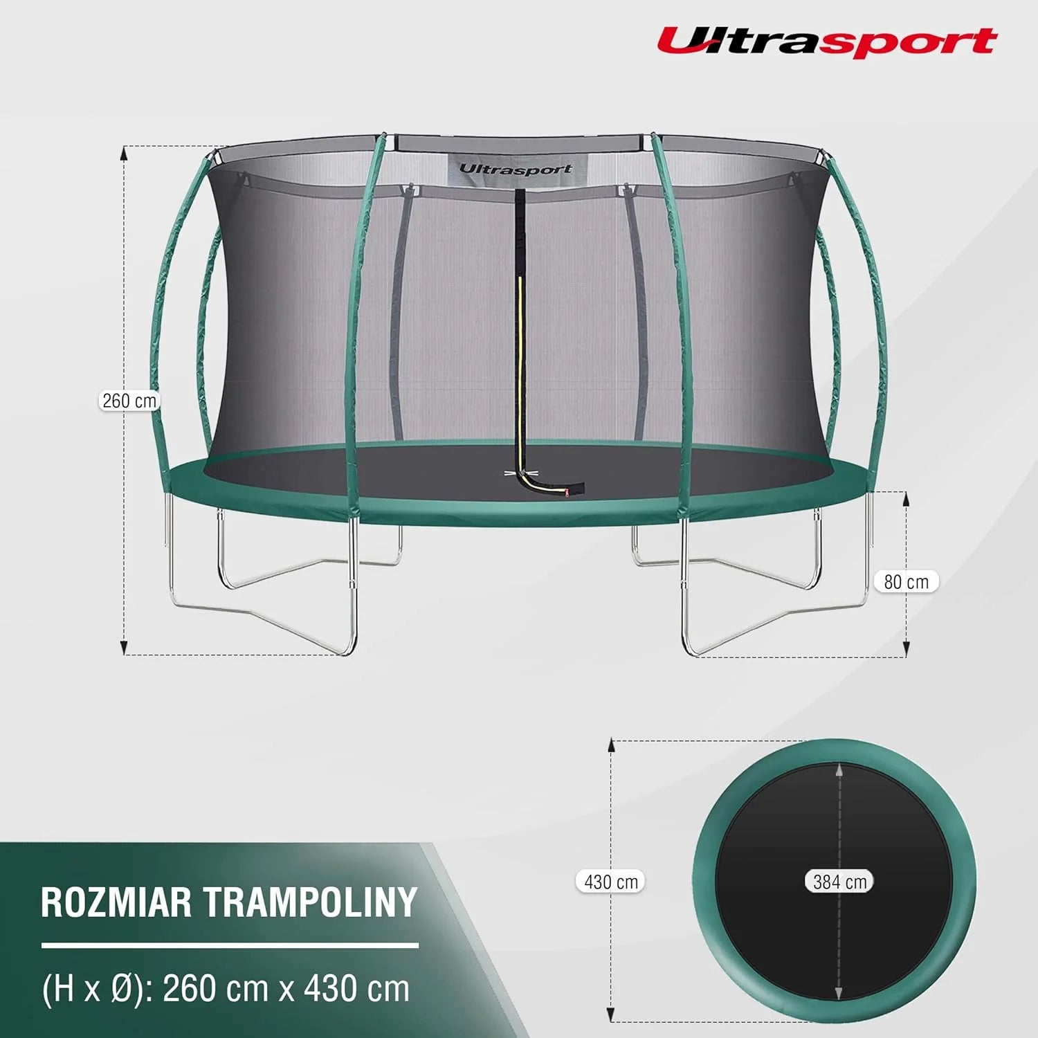 Ultrasport Deluxe trampolina, Ø 244/305/366/430 cm, certyfikat TÜV Rheinland + GS, kompletny zestaw, okrągła trampolina ogrodowa, w tym wyściełane słupki, siatka zabezpieczająca i osłona krawędzi