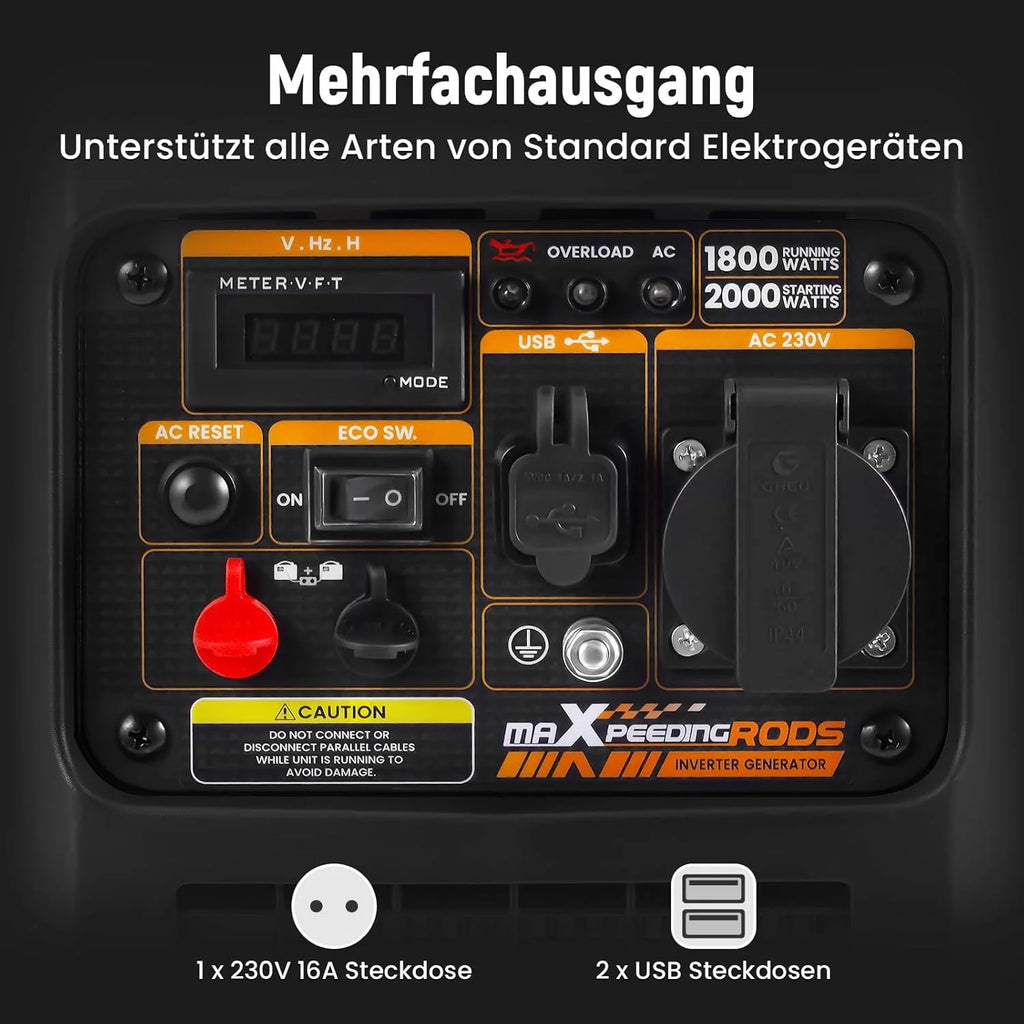 maXpeedingrods Inwerterowy generator prądu, 2000 W, benzynowy, 4-suwowy, z gniazdem USB i gniazdami 230 V, cyfrowy wyświetlacz, kompaktowy i lekki, na kemping, do podróży na świeżym powietrzu, kampera