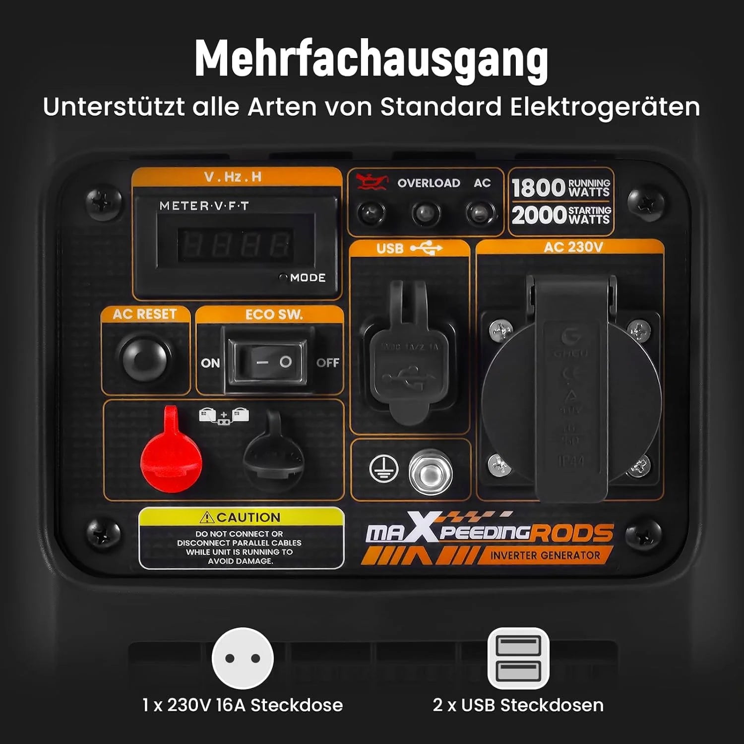 maXpeedingrods Inwerterowy generator prądu, 2000 W, benzynowy, 4-suwowy, z gniazdem USB i gniazdami 230 V, cyfrowy wyświetlacz, kompaktowy i lekki, na kemping, do podróży na świeżym powietrzu, kampera