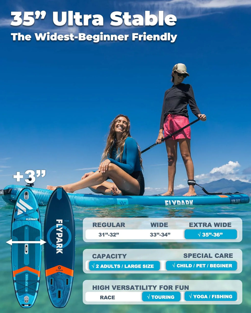 Flypark 10'8/11'x35'' wędkarstwo i rodzinne stabilne nadmuchiwane deski wiosłowe, bardzo szerokie nadmuchiwane deski SUP, łożysko 195 kg, deska do wiosłowania stojącego, uchwyt na aparat, pasek na